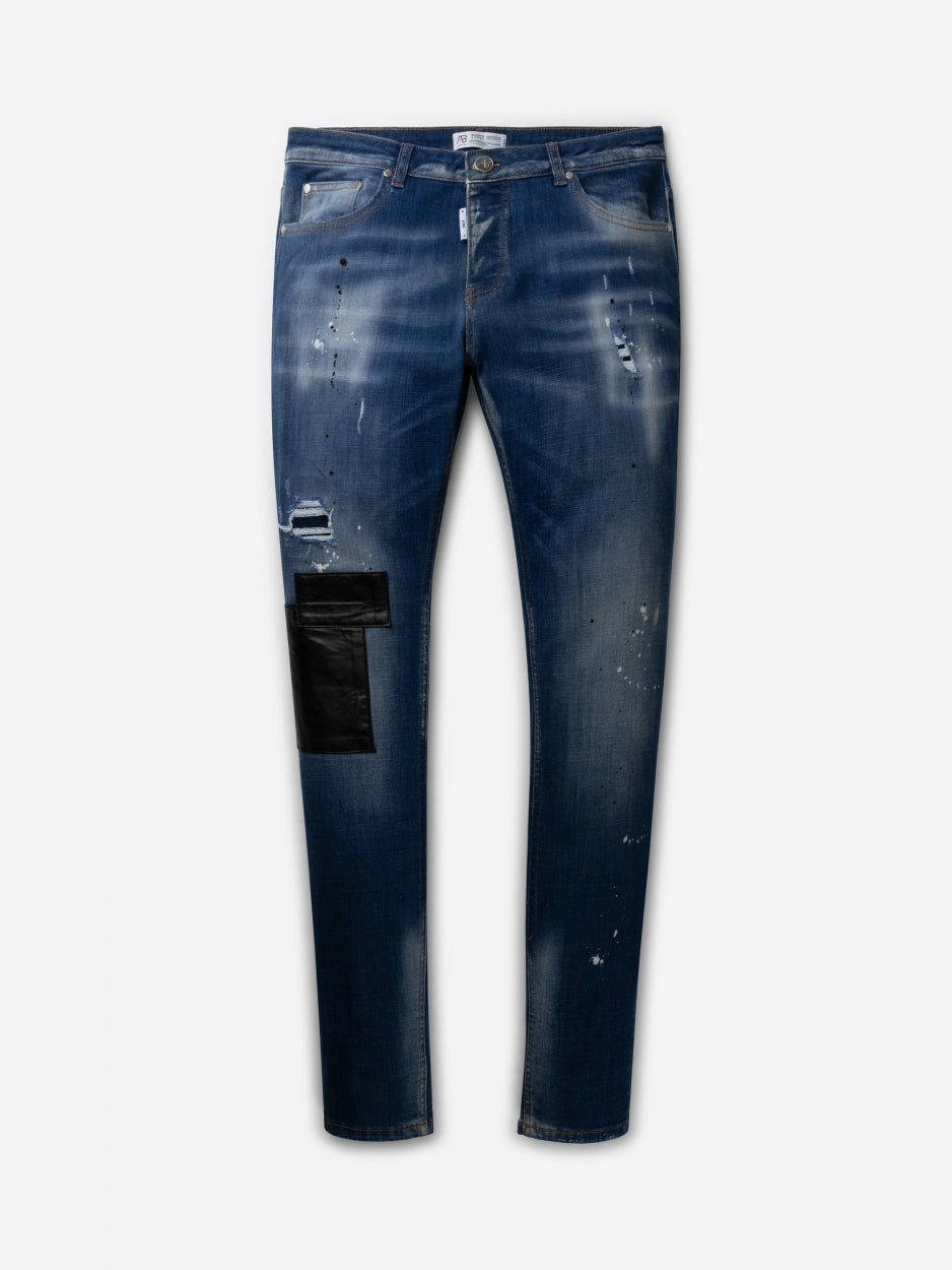 Slim Denim Jeans | Blue - Leather Patch